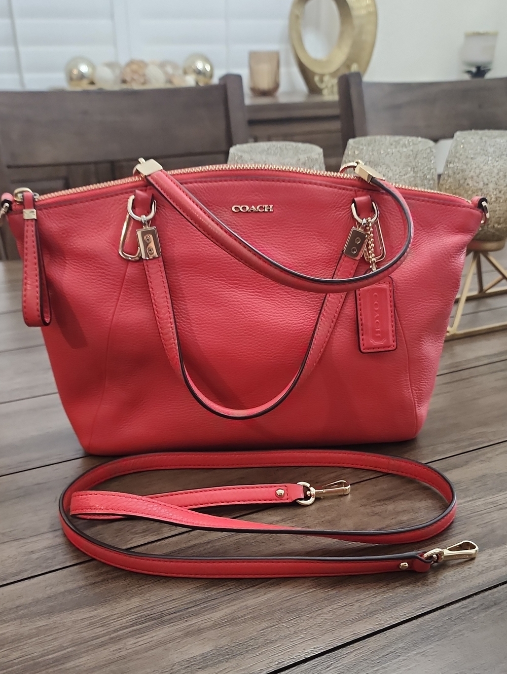 COACH Coral/Orange Leather Sac Tote with Detachable Strap
